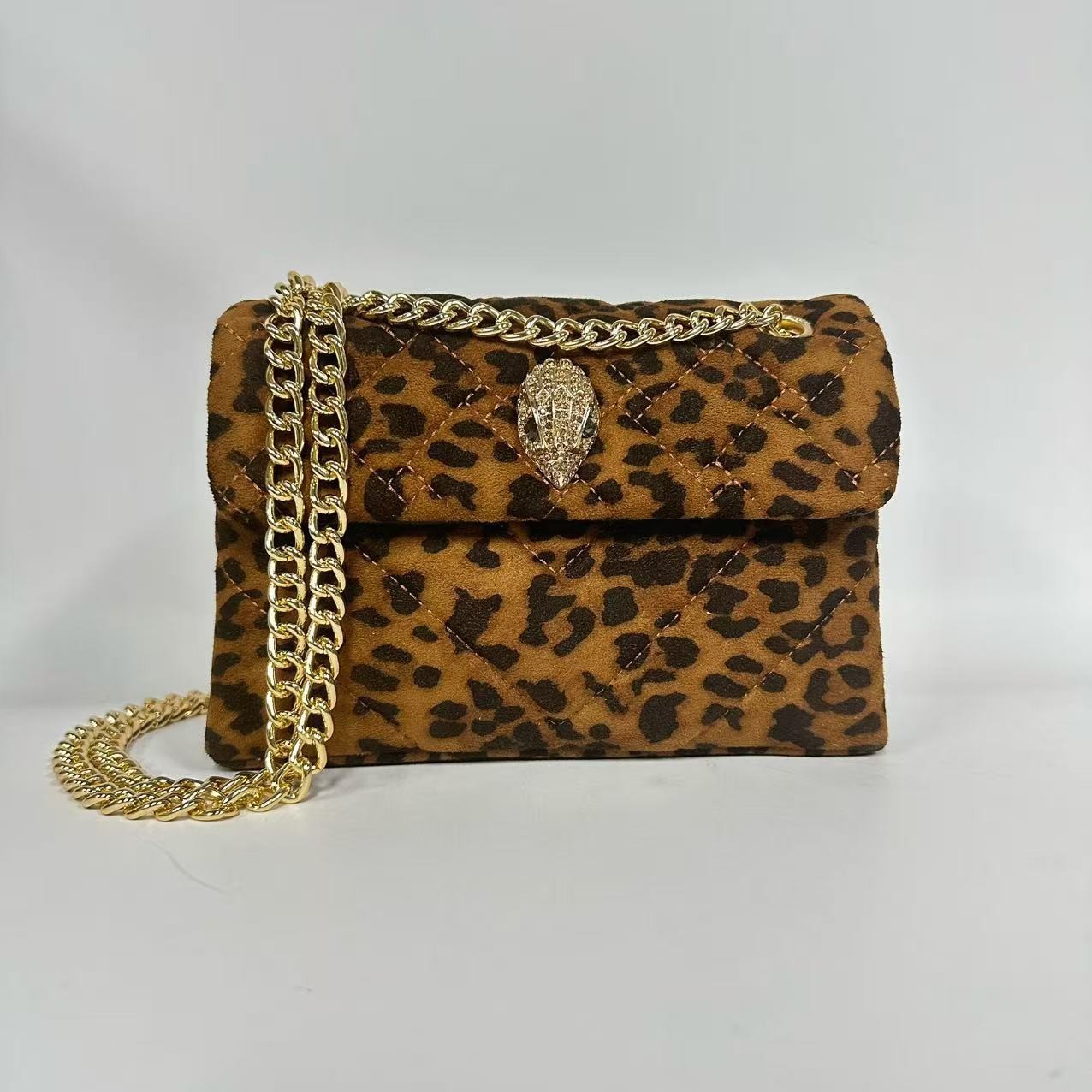 Kurt Geiger London Leopard Quilted Crossbody Bag Gold Eagle Chain 20×8×15 cm