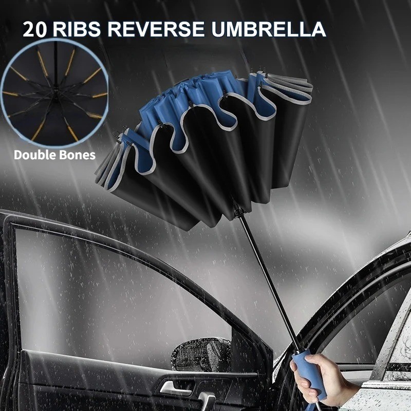 Men Women Automatic Reverse Folding Umbrella Windproof UV Reflective Stripe*