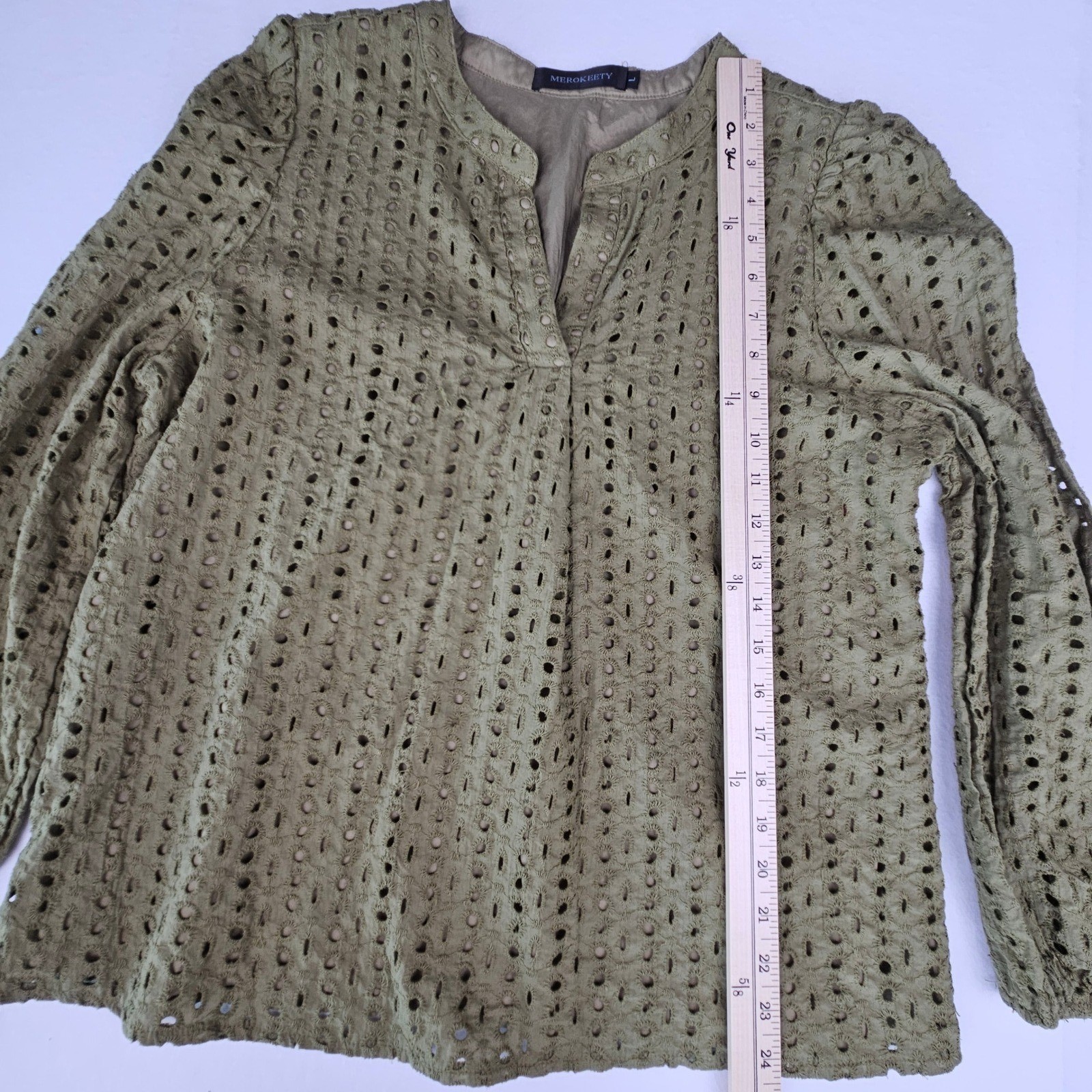 Merokeety Women Olive Green Eyelet Embroidered Split Neck Long Sleeve Blouse L