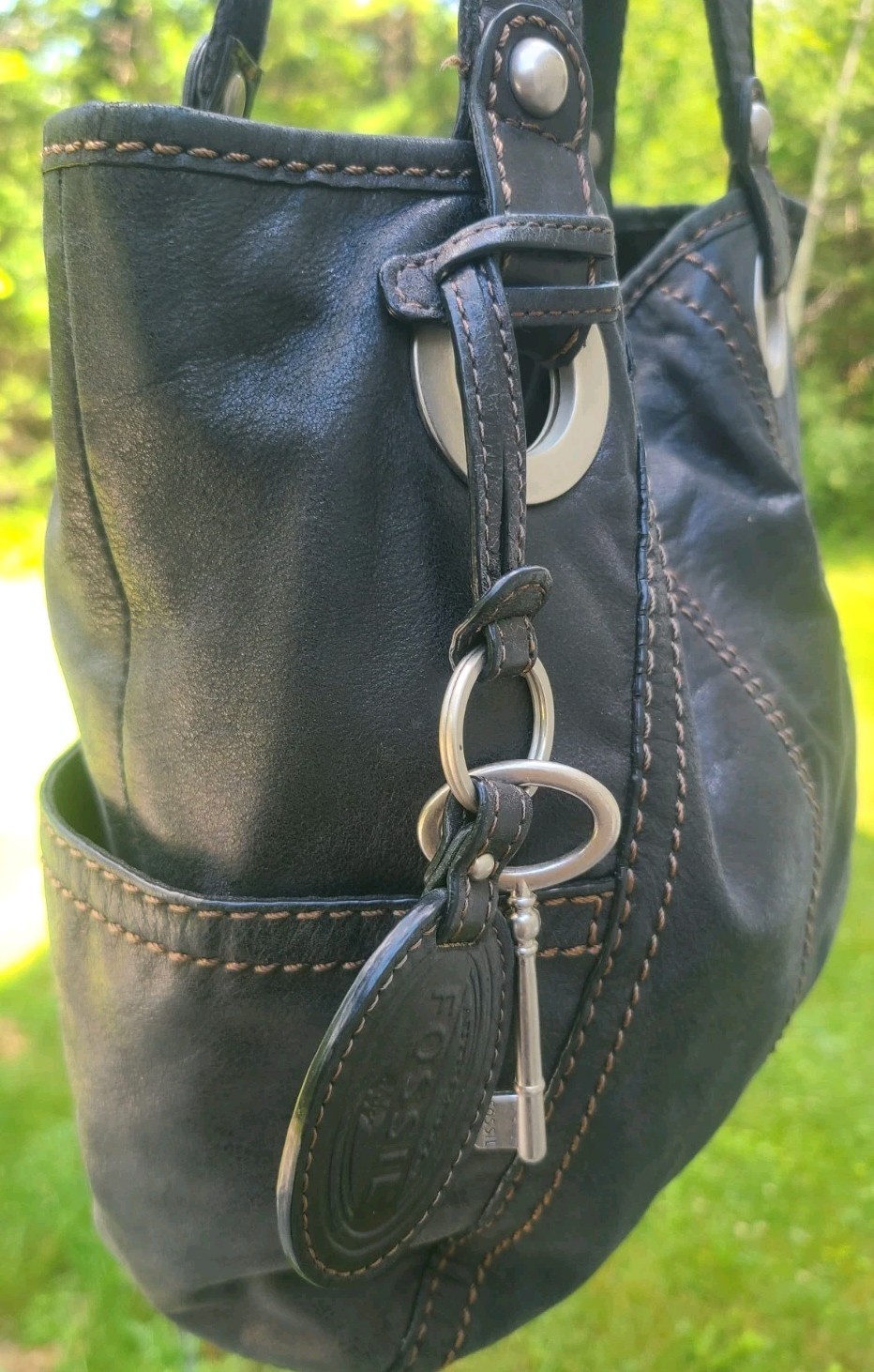 FOSSIL HATHAWAY Shoulder Bag Tote Satchel Purse Black Leather