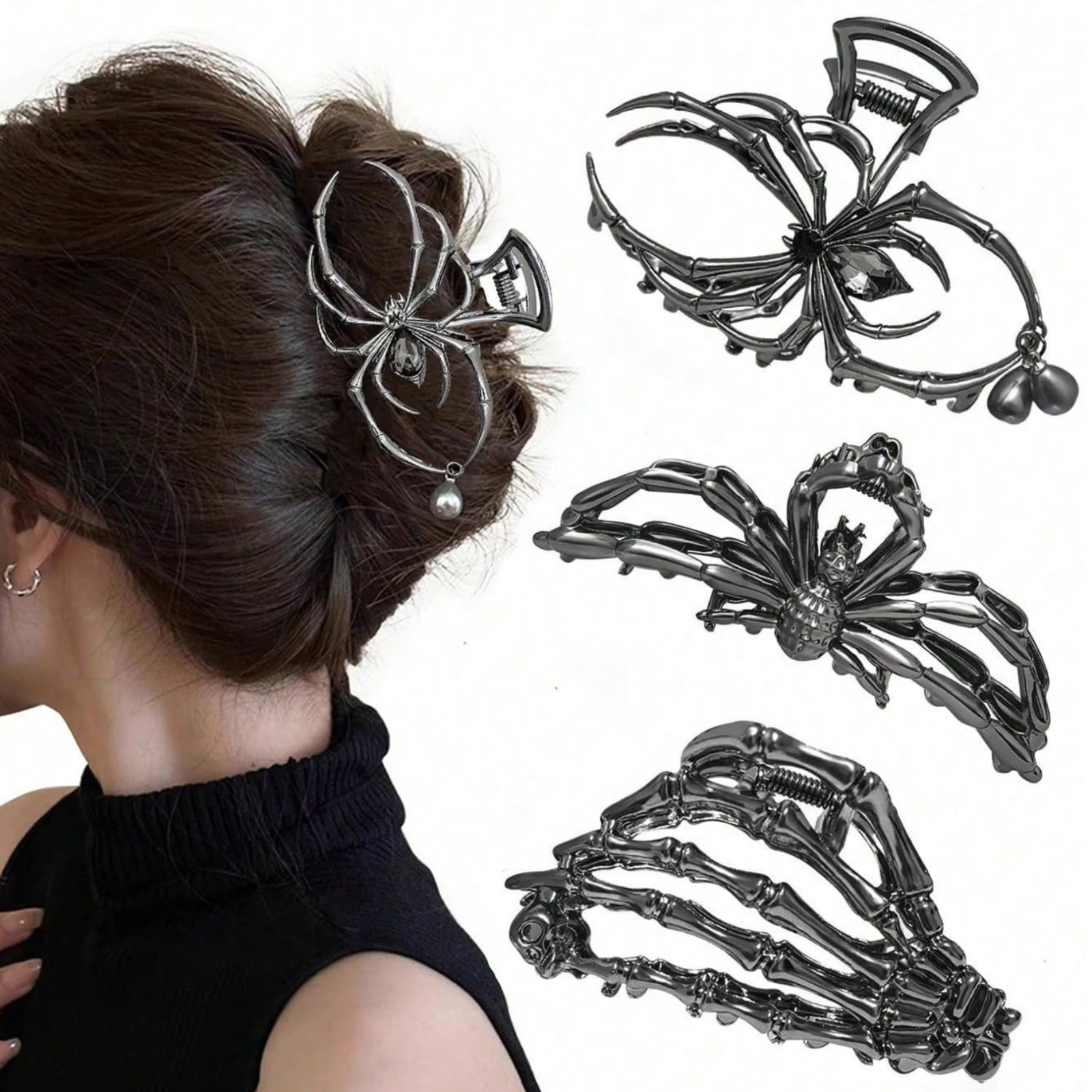 3pcs Metal Gothic Hair Clips Skeleton Hand Skull Spider Halloween Claw Clips US