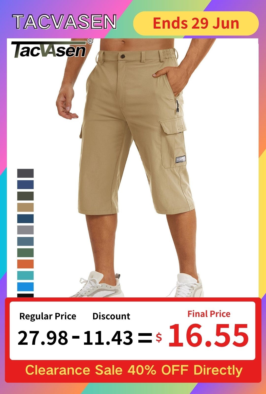 Men’s 3/4 Length Capri Pants Quick Dry Outdoor Hiking Work Below Knee Shorts US