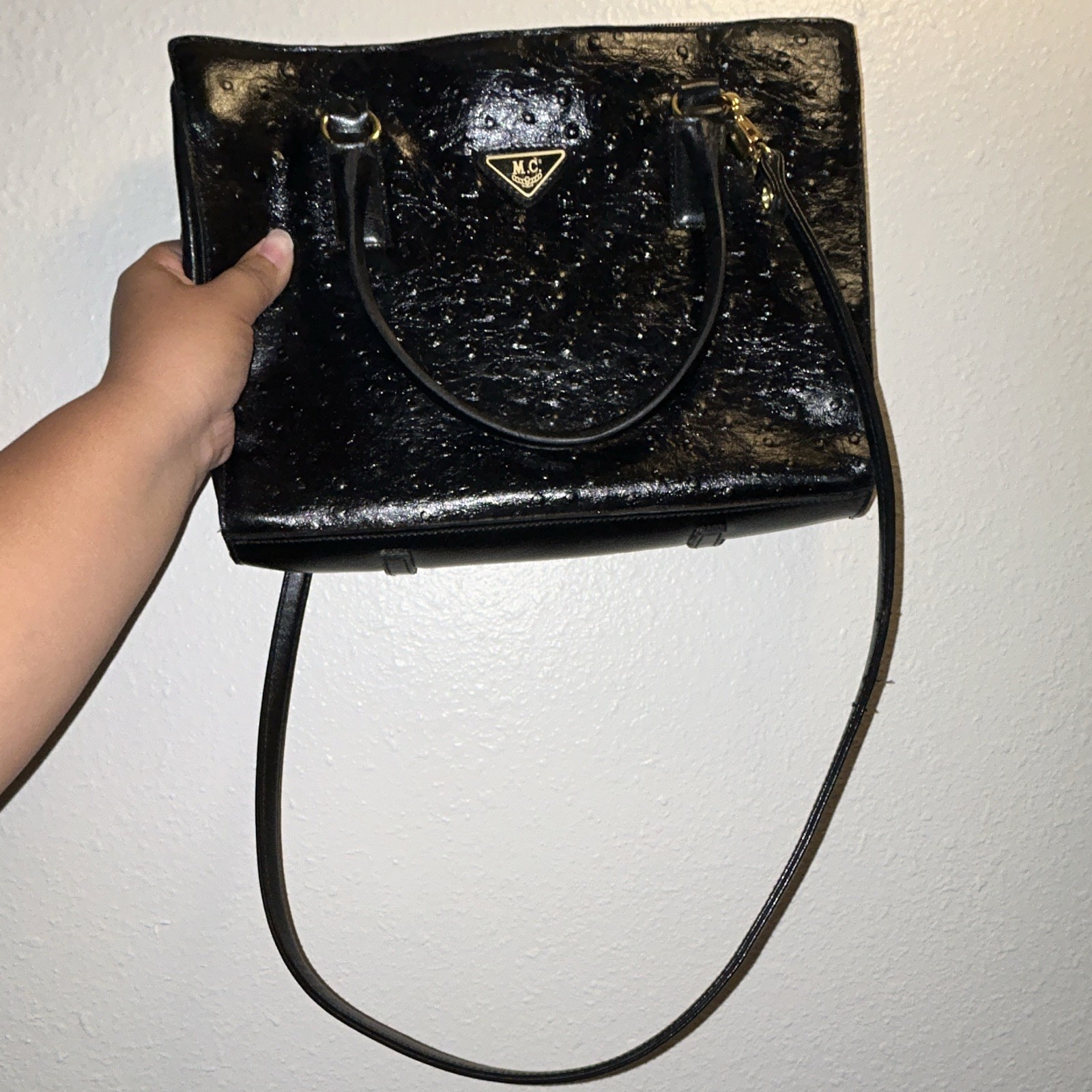 Black M.C Satchel Top Handle Bag Gold Logo Plaque Zip Detachable Strap