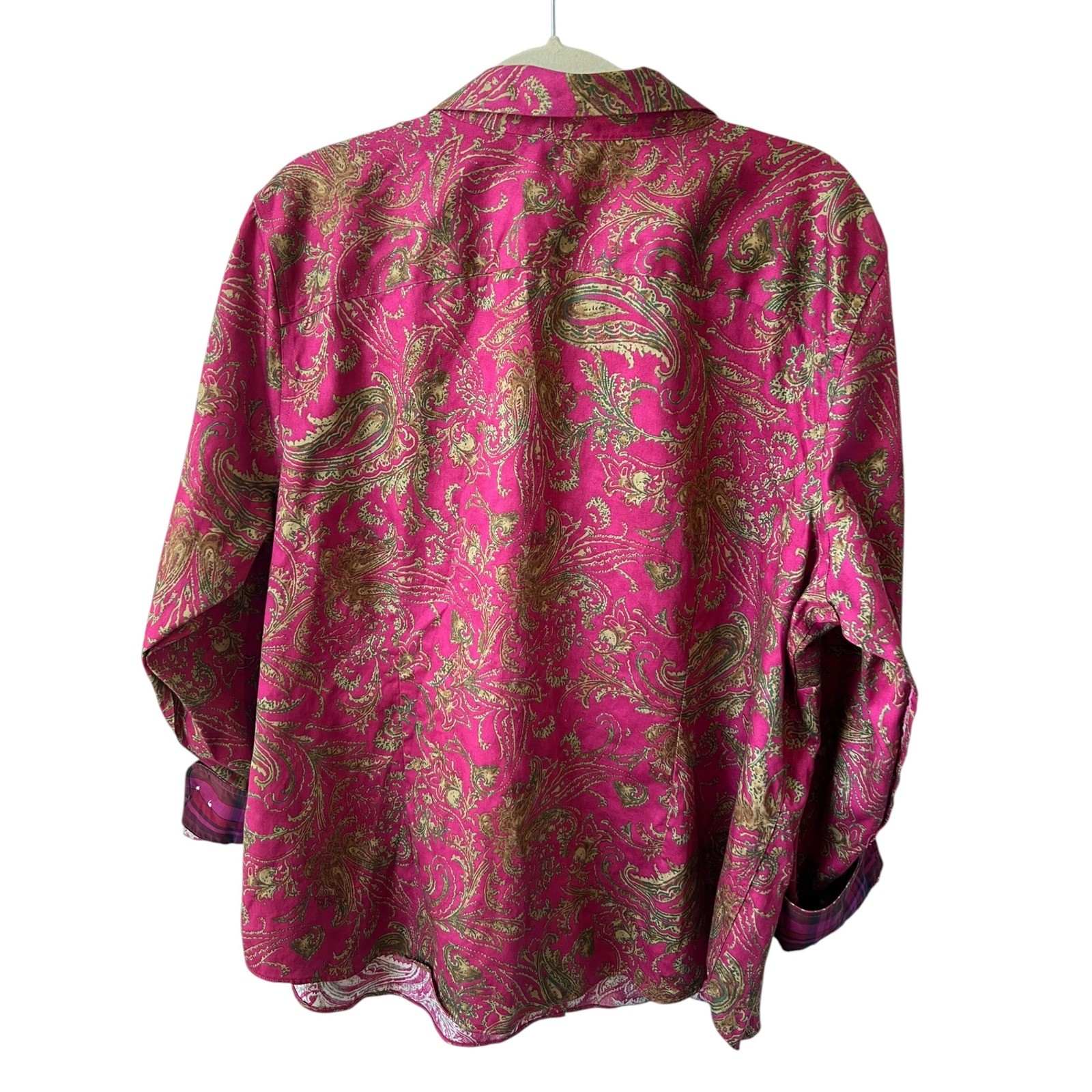 Chaps Boho Paisley Cotton Button Down Shirt Preppy No Iron Plaid Cuffs Size 2X