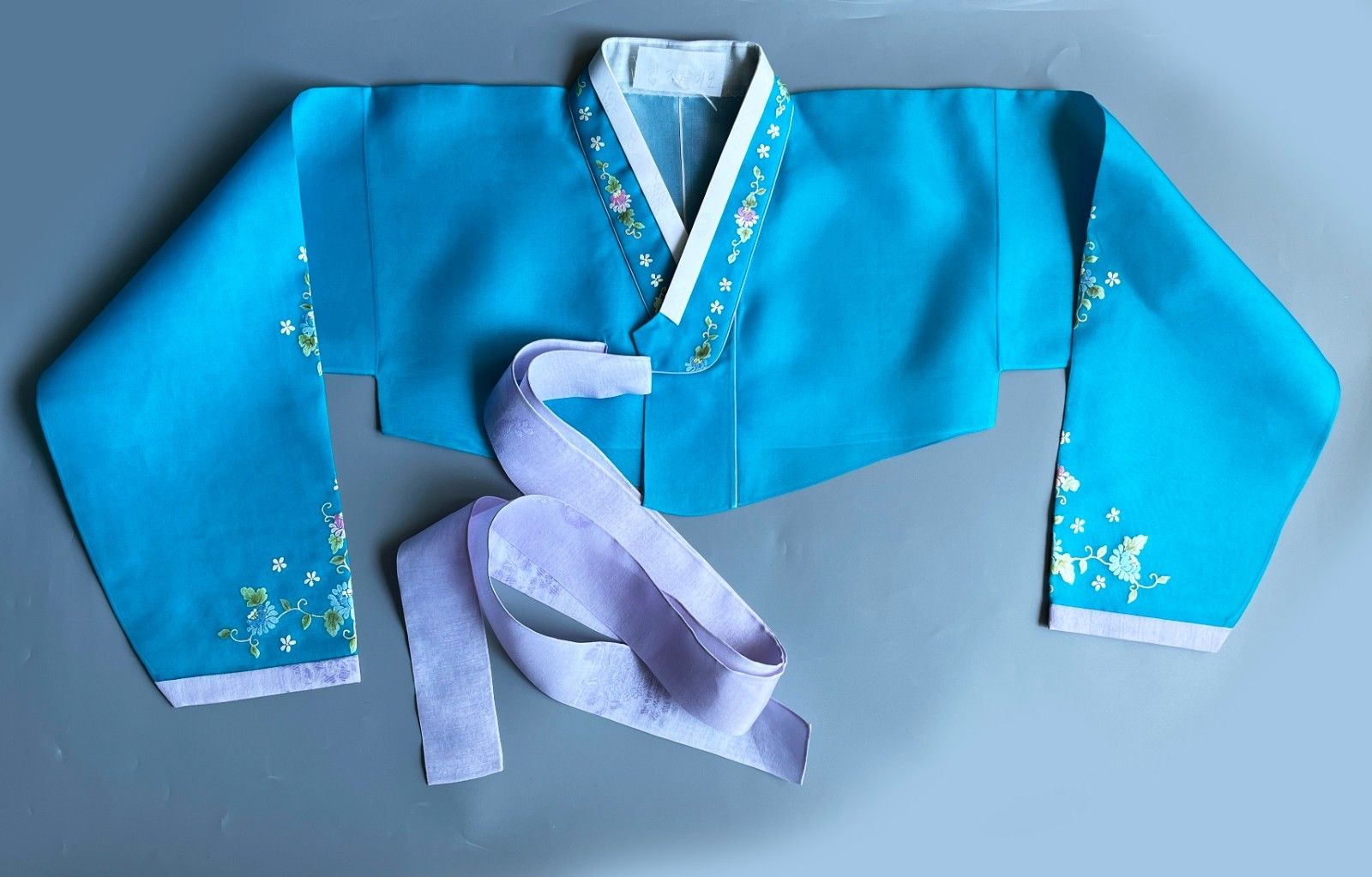 M Silk Traditional Korean Hanbok Set–Turquoise Blue Top/ Skirt with Floral Print