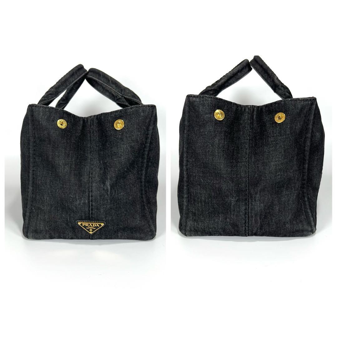 PRADA Canapa Canvas Tote Bag Gray Black Denim 2Way Shoulder Large Capacity