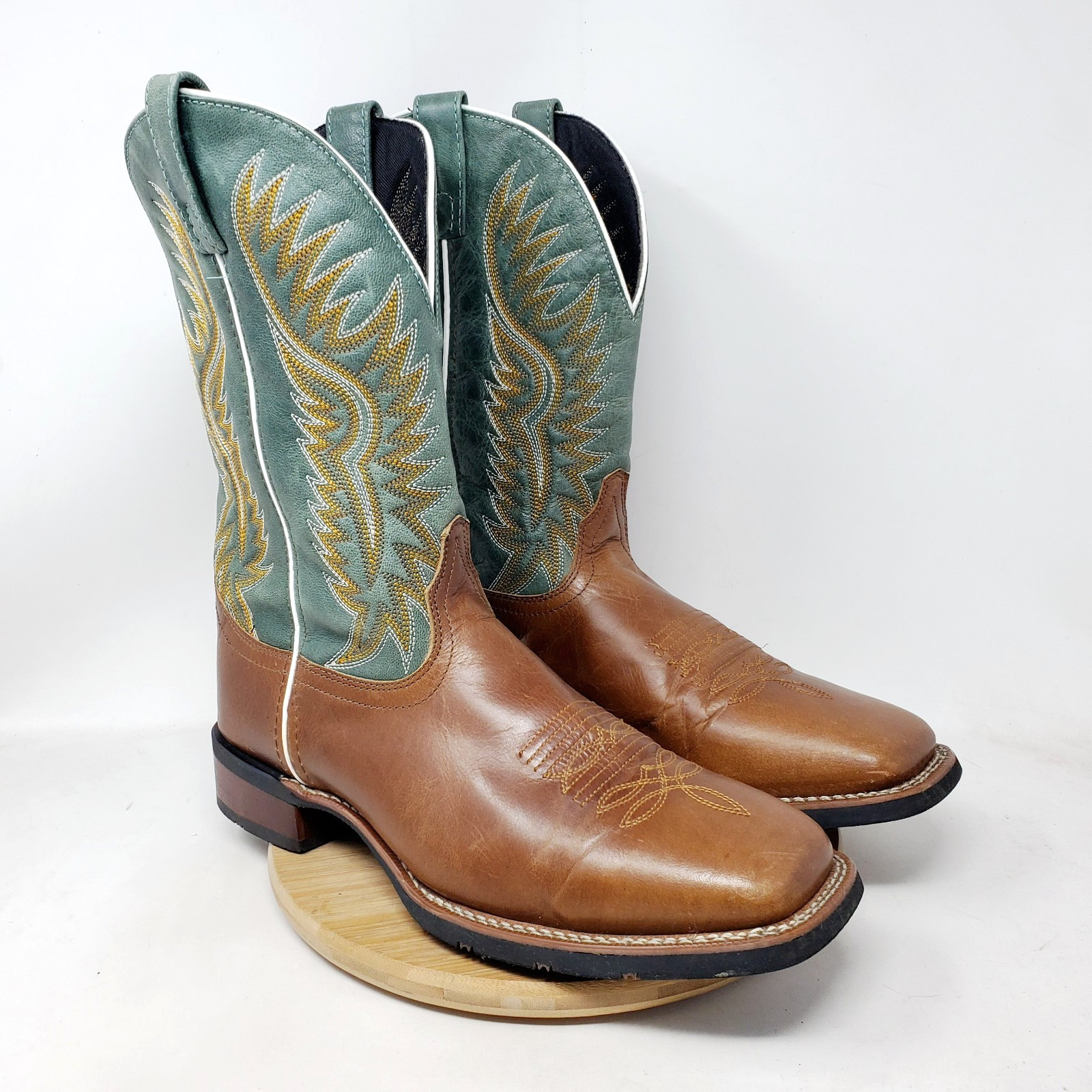 Laredo Boots Mens 10 EW WIDE Brown Green Leather Western Cowboy Square Toe Shoes