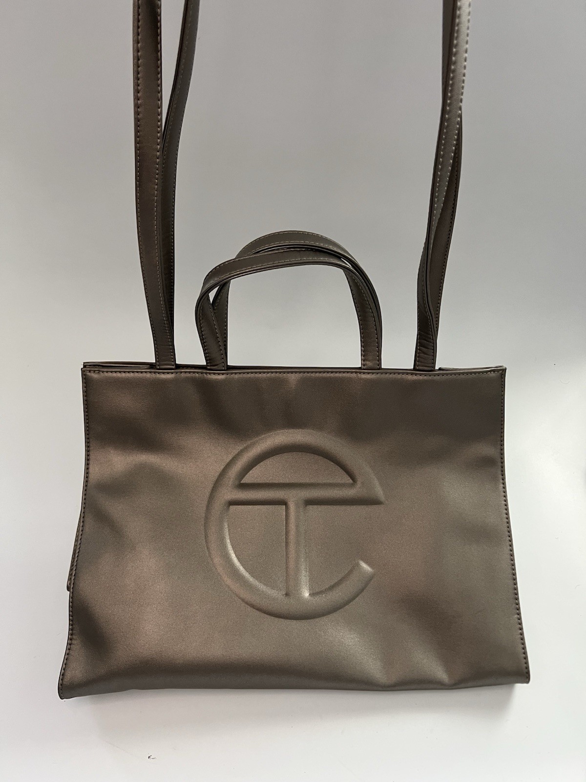 Authentic Telfar Medium Shopping Bag Bronze Metallic Vegan Leather Tote Dust Bag