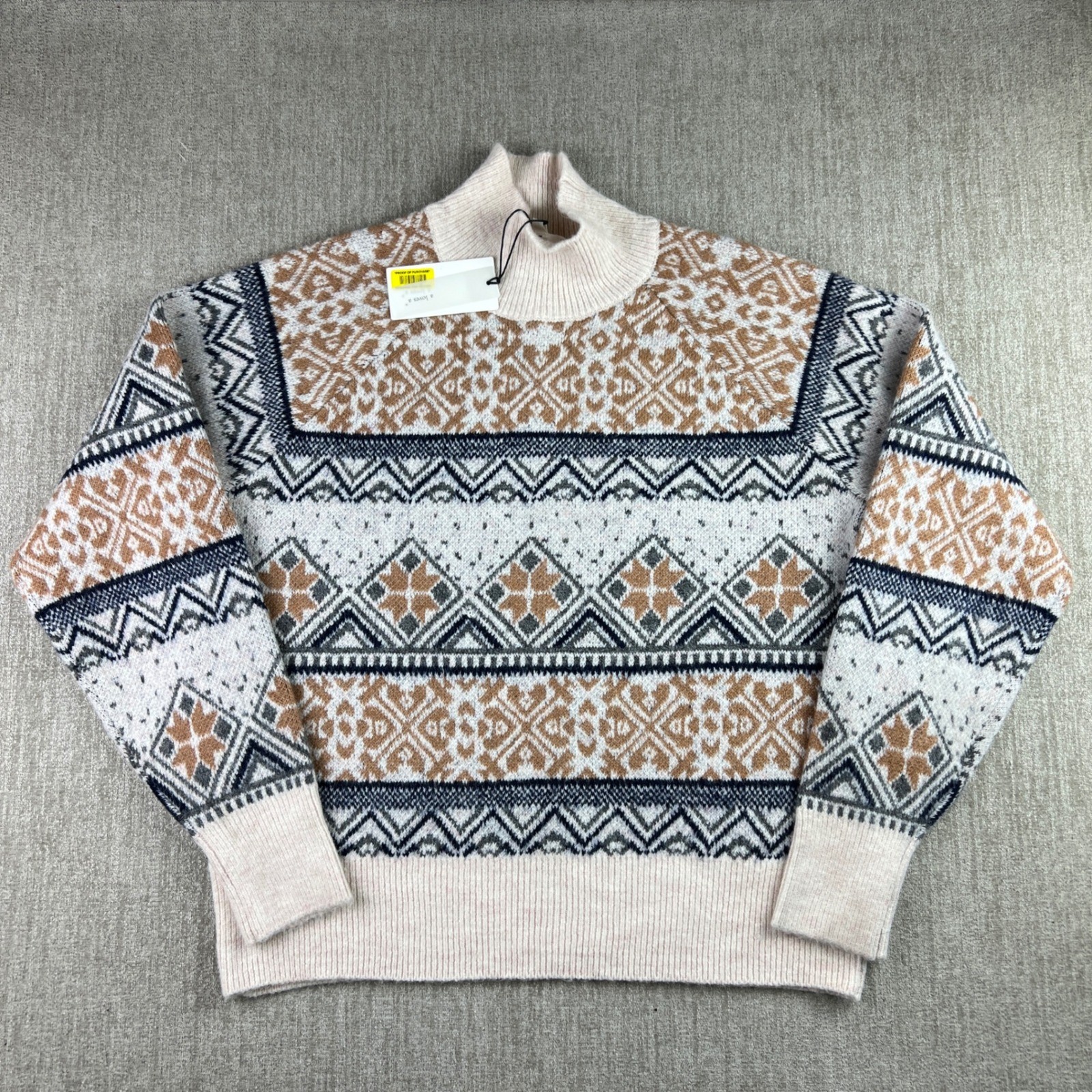 a loves a Fair Isle Sweater Women Large Cream Tan Navy Mock Neck Pullover Nordic