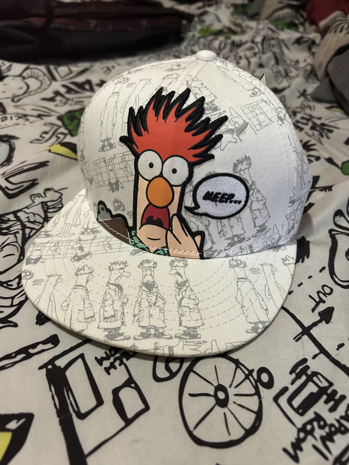 The Muppets Beaker “Meep” Hat Sketch Art All Over Print Snapback White Retired