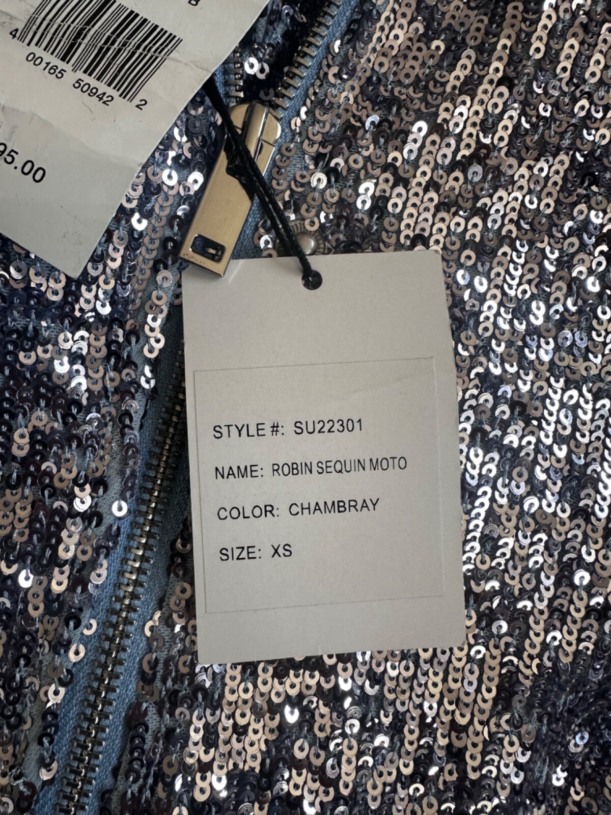 Generation Love Robin Sequin Moto Jacket Long Sleeves Cropped Silver Blue Sz XS
