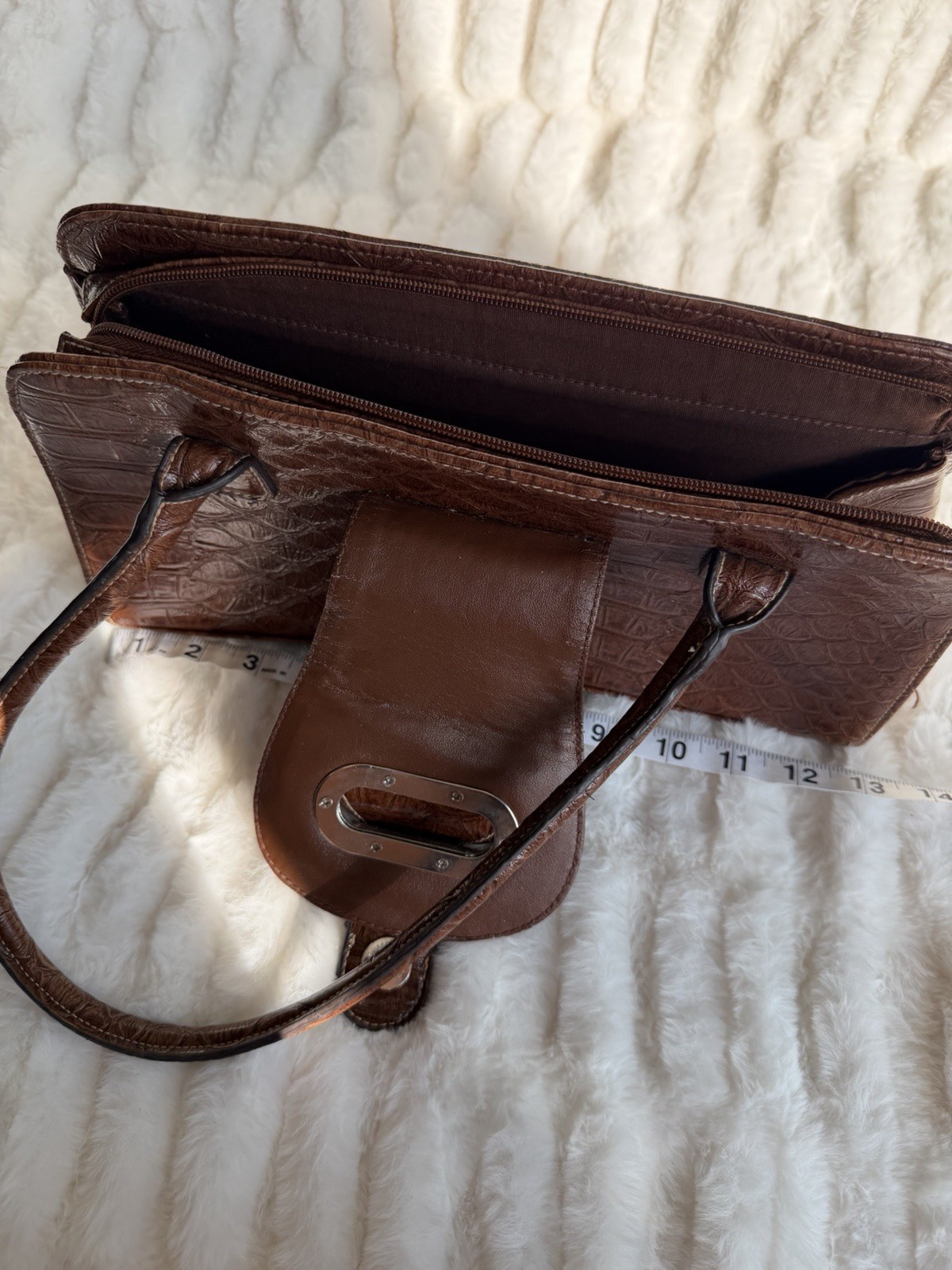Brown Embossed Shoulder Bag Double Handles Buckle Strap Accents Magnetic Zip
