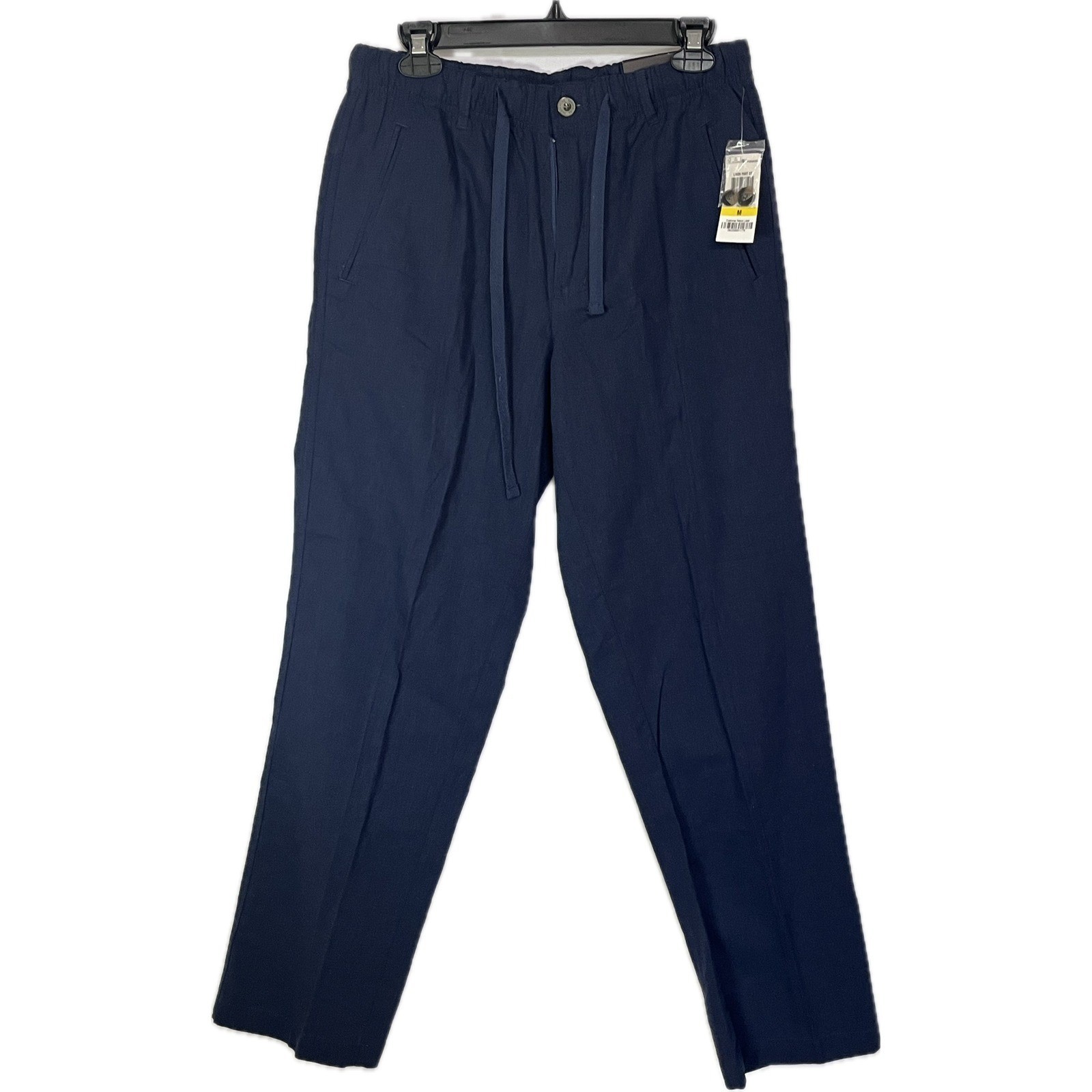 Tasso Elba Mens Linen Drawstring Pants Navy Blue Straight Leg Size M NEW