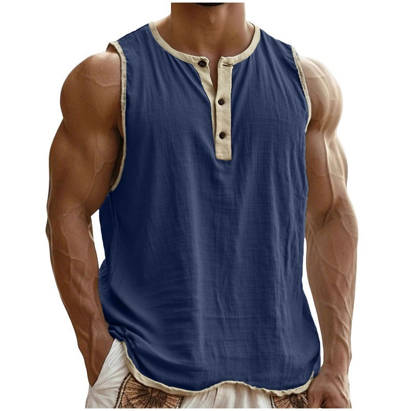 Men’s Sleeveless Henley Tank Top Casual Gym Workout Muscle Shirt Summer Vest