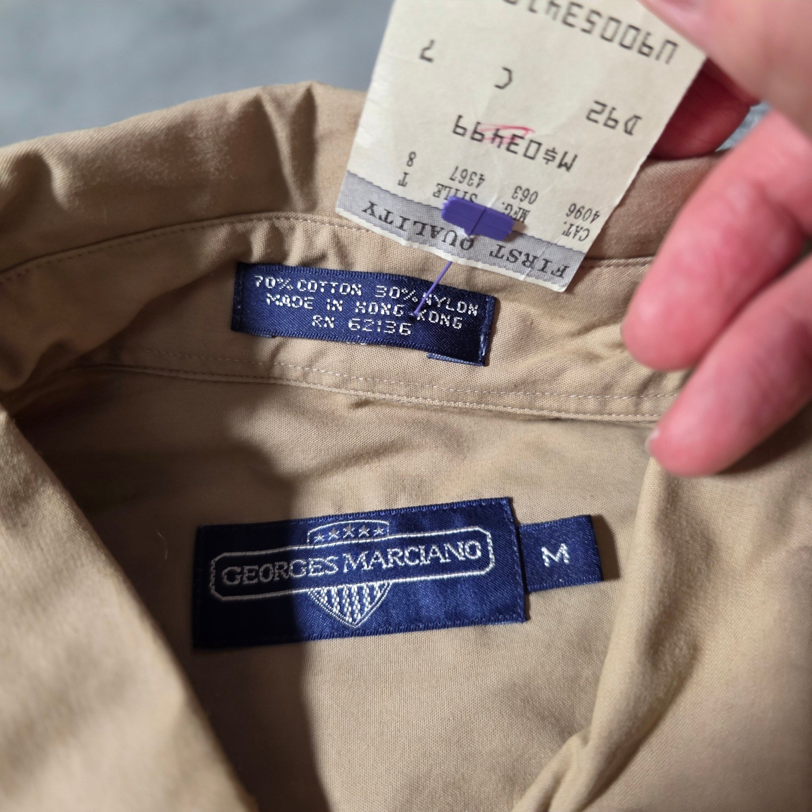 Georges Marciano Mens M Button Down Shirt Tan Khaki Vintage Utility Cotton Nylon