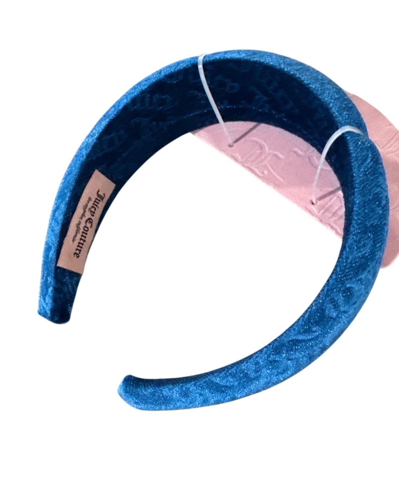 Juicy Couture Blue Velour Embossed Headband Logo Pink Tag Soft+Velvety+Spa-Type