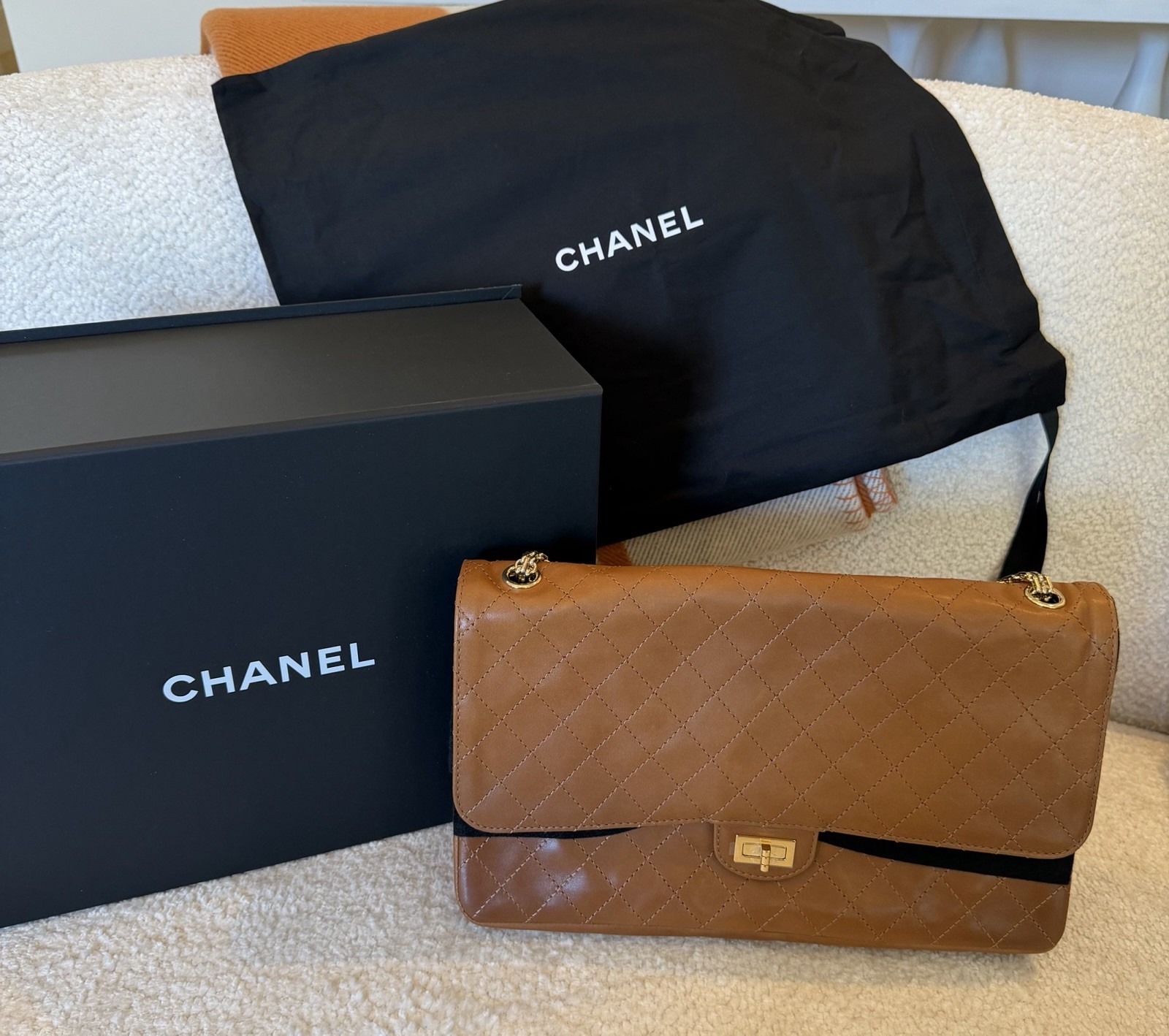 CHANEL Brown Quilted Flap Shoulder Bag Turn Lock Gold Chain Medium w/Box