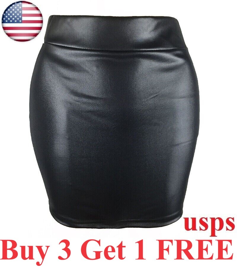 Womens Sexy PU Leather Slit Mini Skirt High Waist Tight Stretch Short Skirts