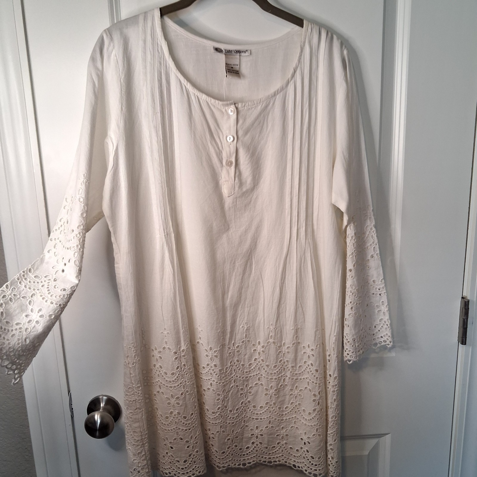 Cute Options Romantic Boho White Cotton Lace Trim Pintuck Tunic Blouse-Size M