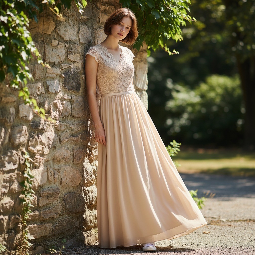 Daisyaner Champagne Lace Maxi Dress Coquette Cottagecore Formal Romantic Gala L