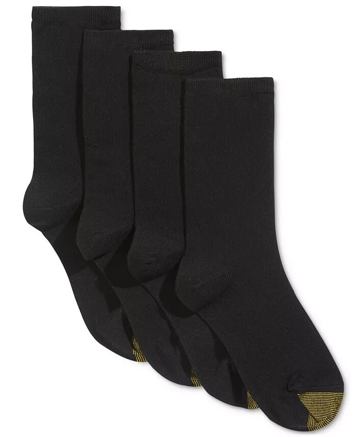 4 Pairs Gold Toe Casuals Women’s Crew Flat Knit Socks Solid Black Sizes 6-9
