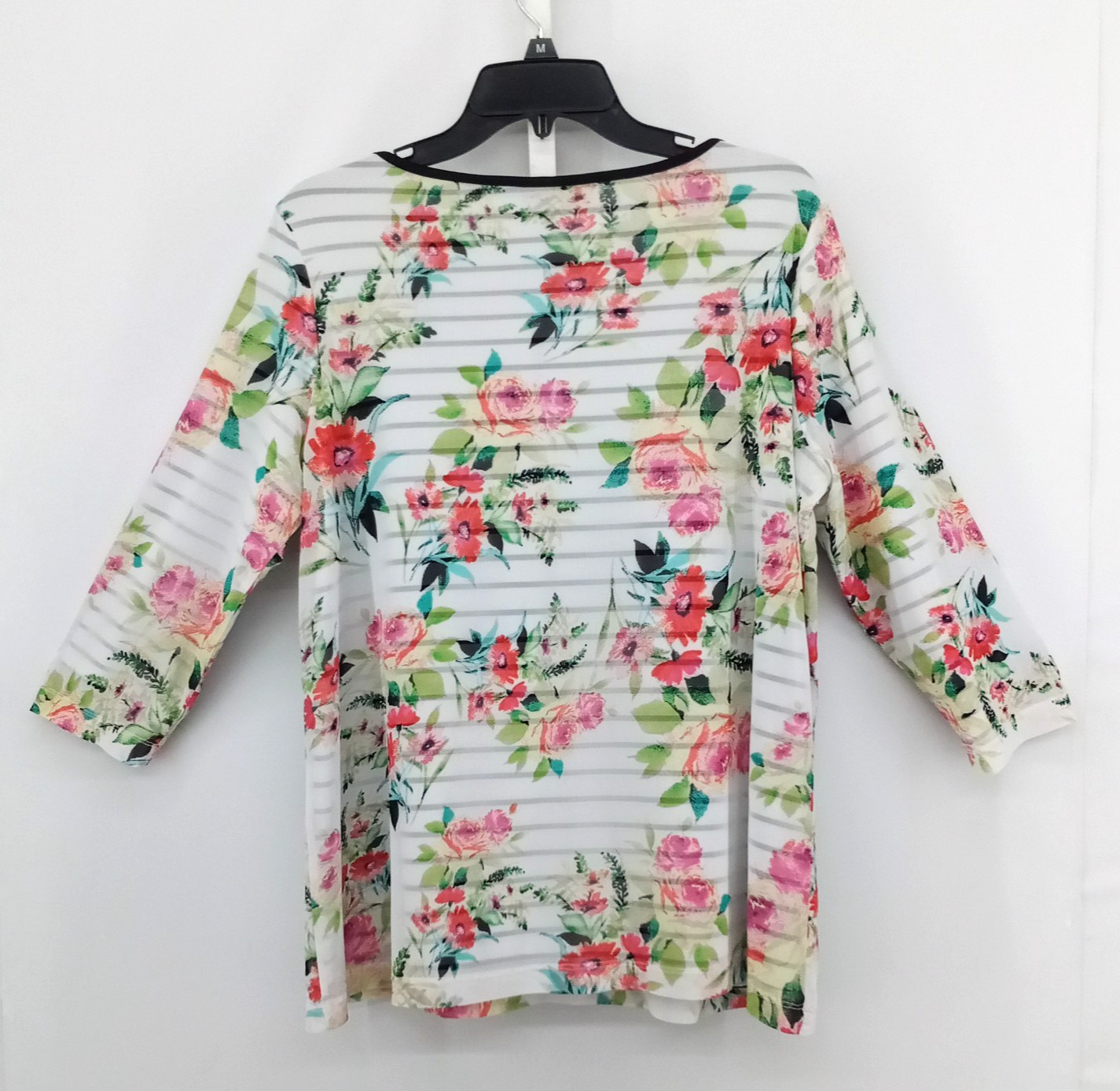 Nue Options Blouse Women Size PL White Floral Sheer Top Lined Shirt 3/4 Sleeve