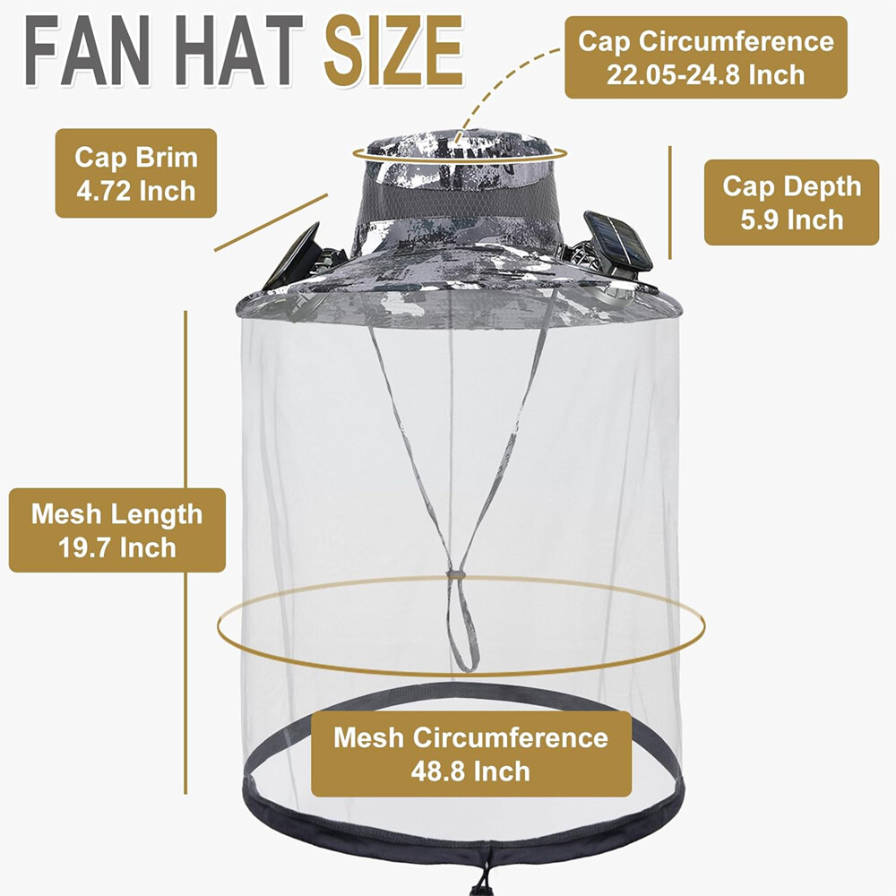Mosquito Net Hat With Solar Fan Wide Brim Fishing Outdoor Men Women Sun Cap Gift