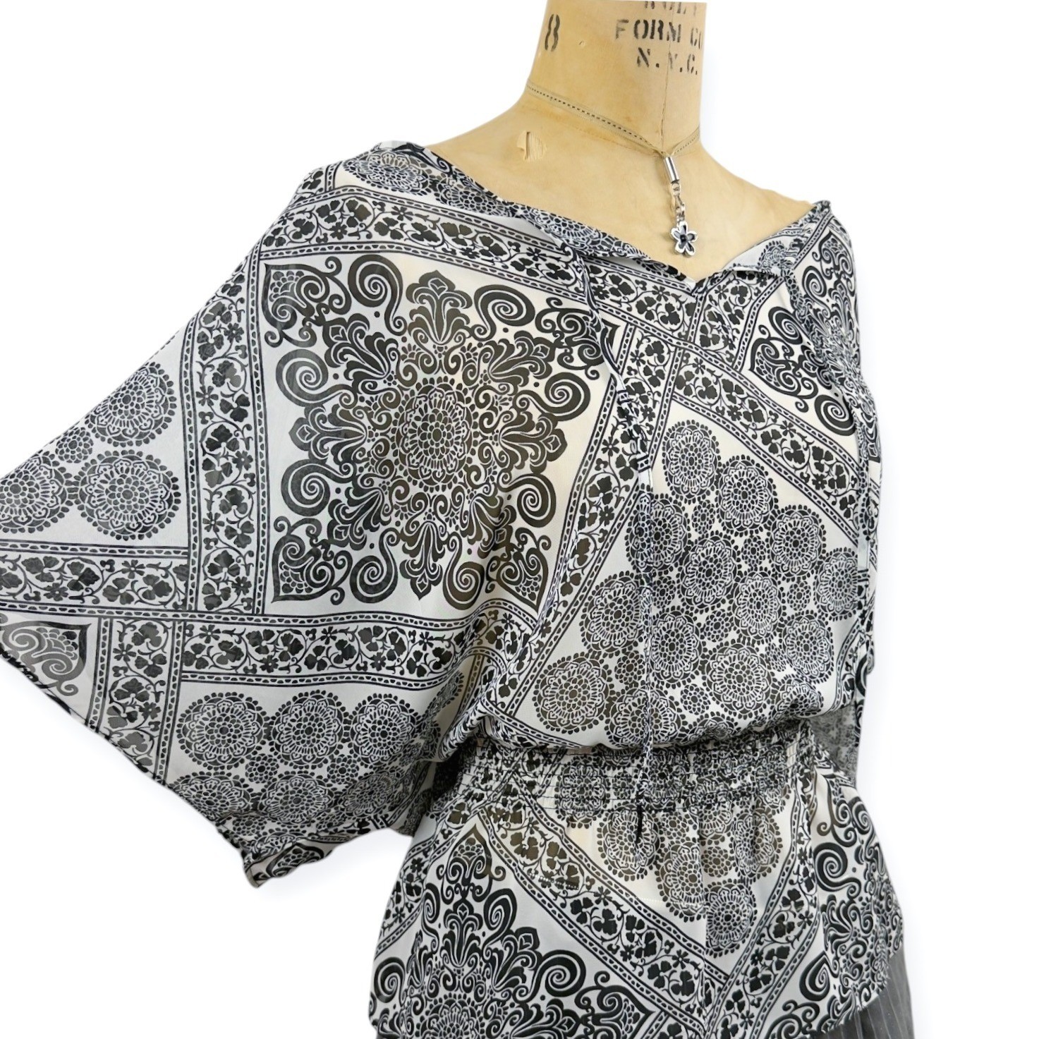Boho Mesh Sheer Batwing Dolman Sleeve Smocked Waist Blouse Medallion Print M