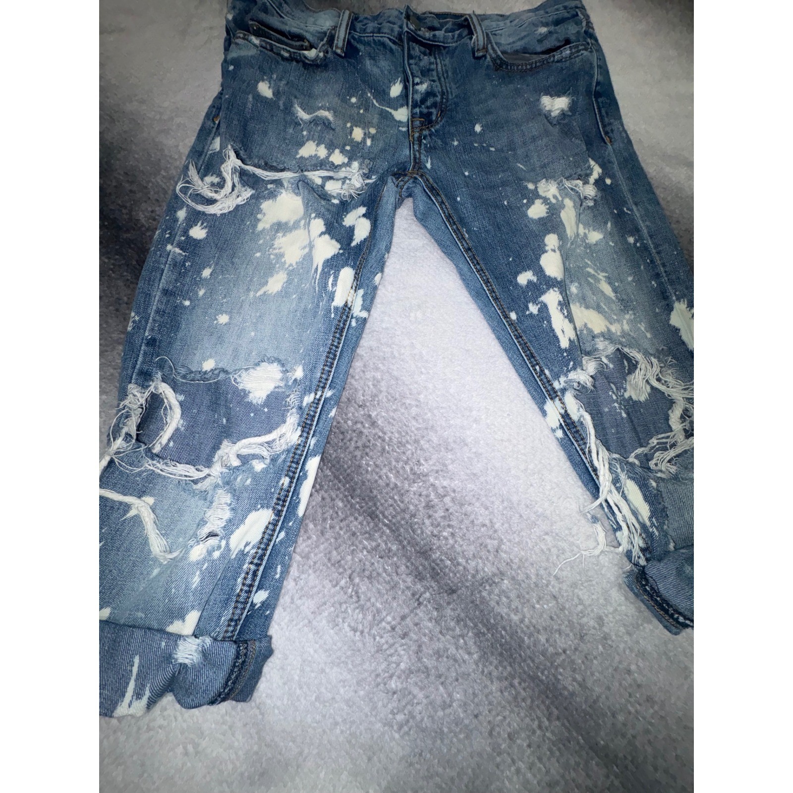 (B2) MNML Custom Bleach Splatter Distressed Cut Off Jeans Mens 34 Blue Street
