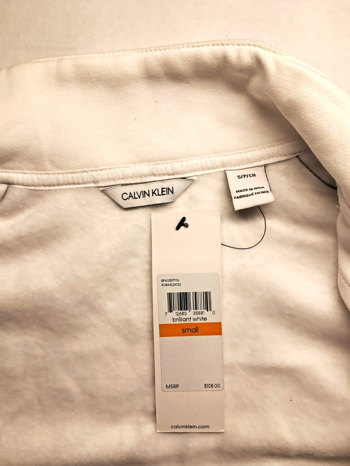 Calvin Klein Brilliant White Size Small Zipper Jacket Soft