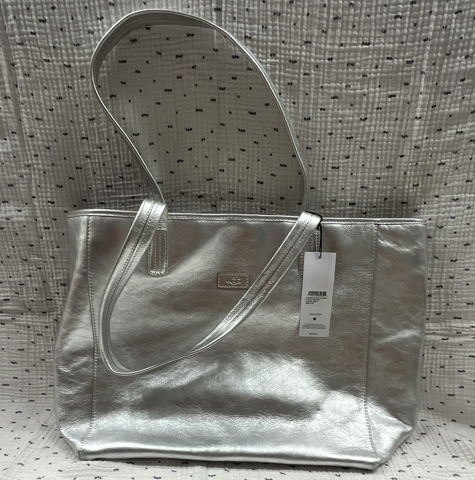 UGG Alina E/W Large Metallic Silver Zip Tote w/ Inner Pockets, Logo Accents