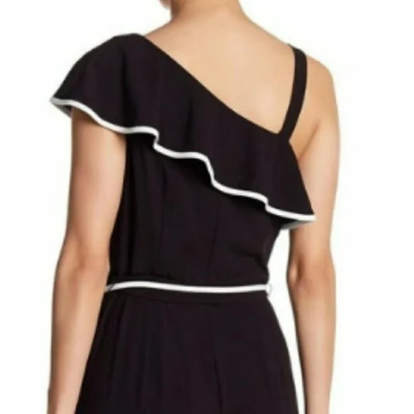 Gabby Skye One Shoulder Ruffle Gaucho Jumpsuit Black & Ivory Size 10 $150