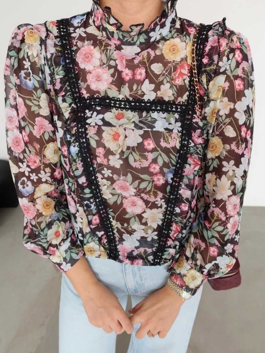 EUC Zara Floral Black Sheer Lace Insert Ruffle-Neck Blouse – Women’s Size Small