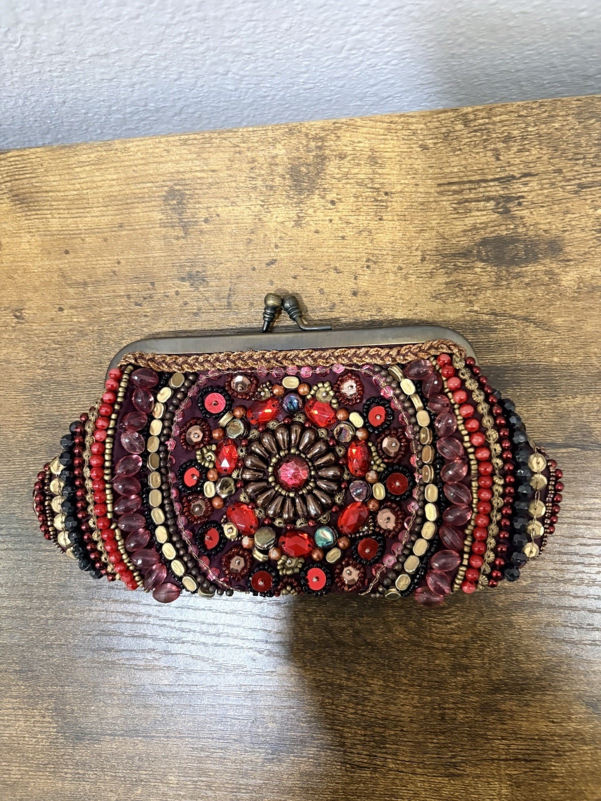 Accessorize Vintage Red & Burgundy Hand Beaded Evening Clutch / Coin Purse