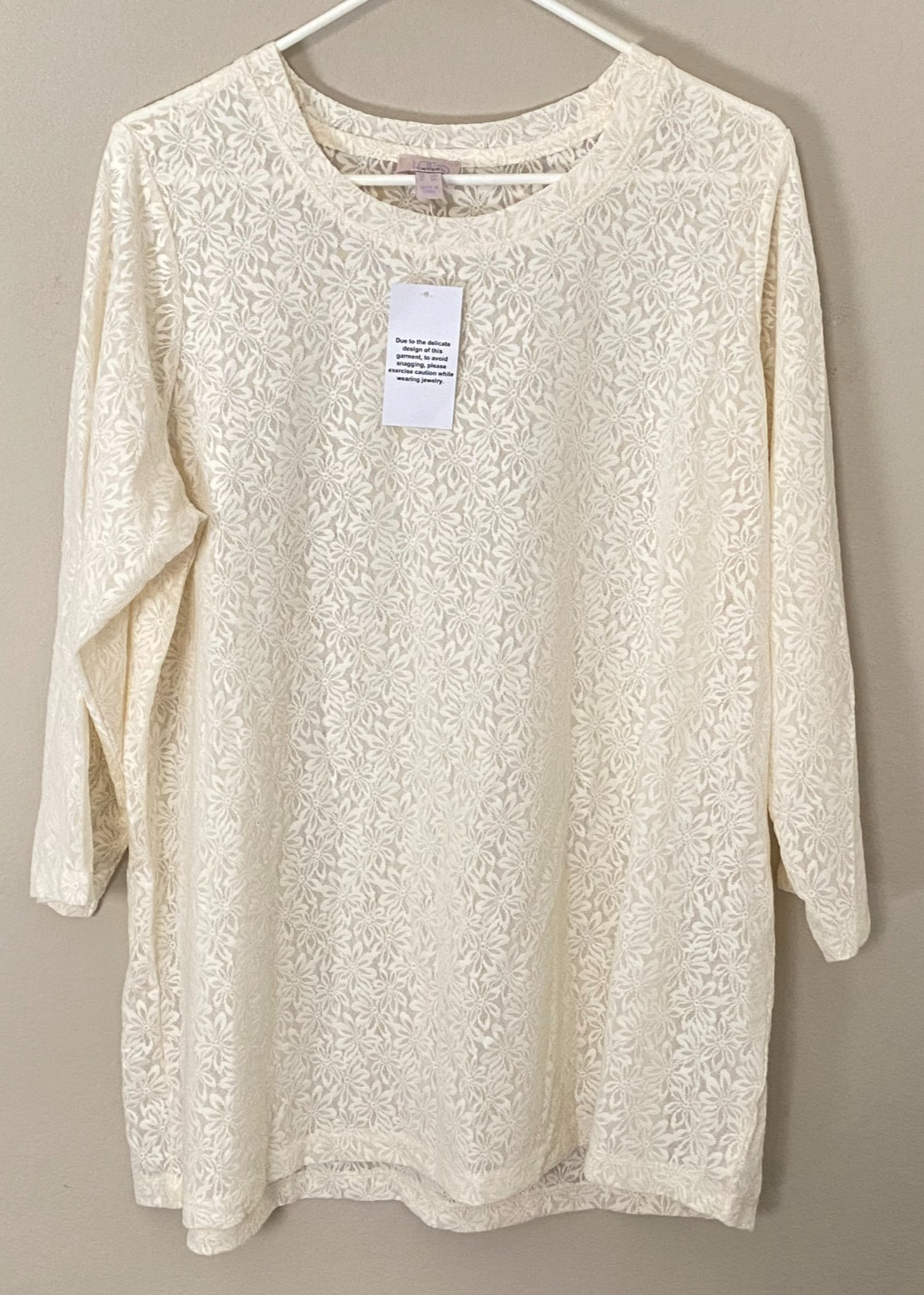 NWT Logo Layers Lori Goldstein ~Long Sleeve Stretch Knit Lace Ivory Tunic Top 1x