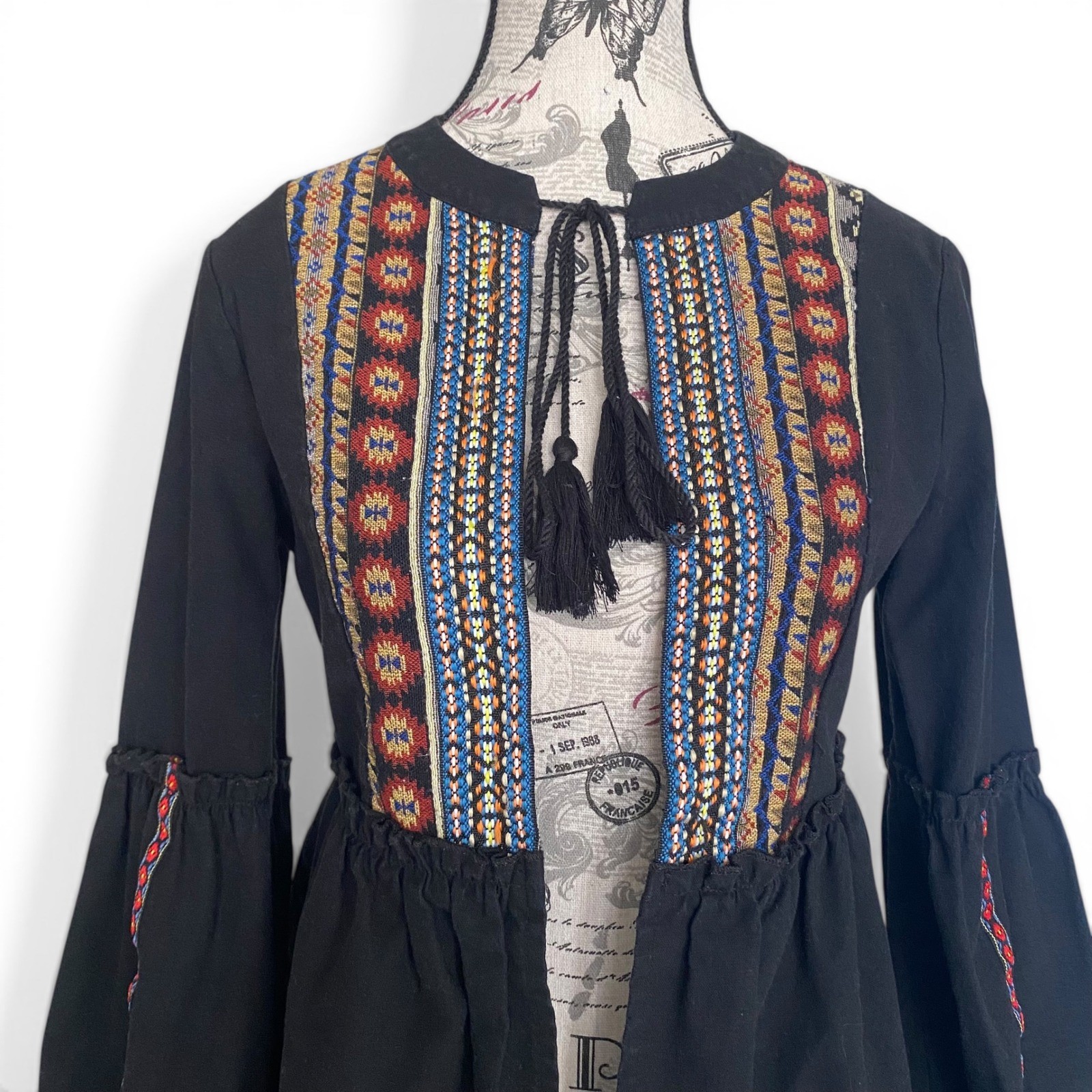 Catch Stitch Jacket Womens Medium Black Embroidered Lantern Sleeve Boho