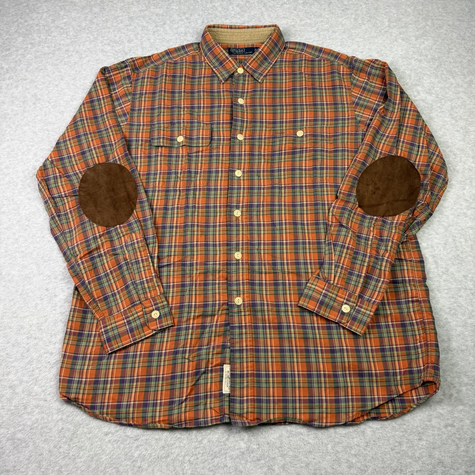 Polo Ralph Lauren Polo Country Shirt Mens XL Orange Plaid Leather Elbow Pads