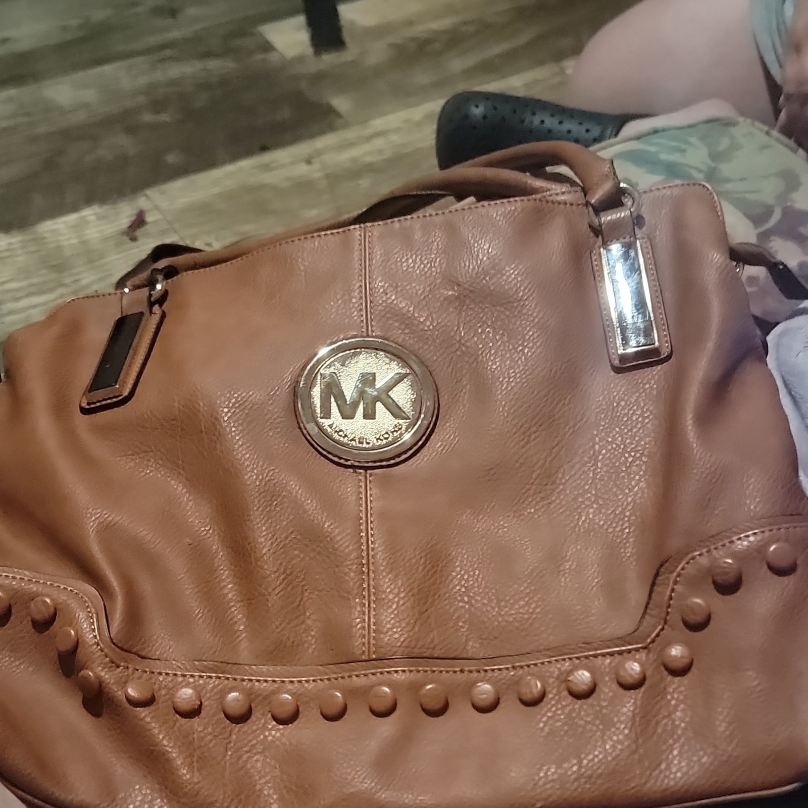 Michael Kors Brown Pebbled Studded Logo Shoulder Bag Zip Gold Hardware Strap
