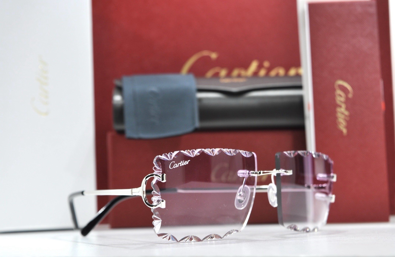 Cartier rimless sunglasses piccadilly glasses Diamond Cut BIG C silver Frame