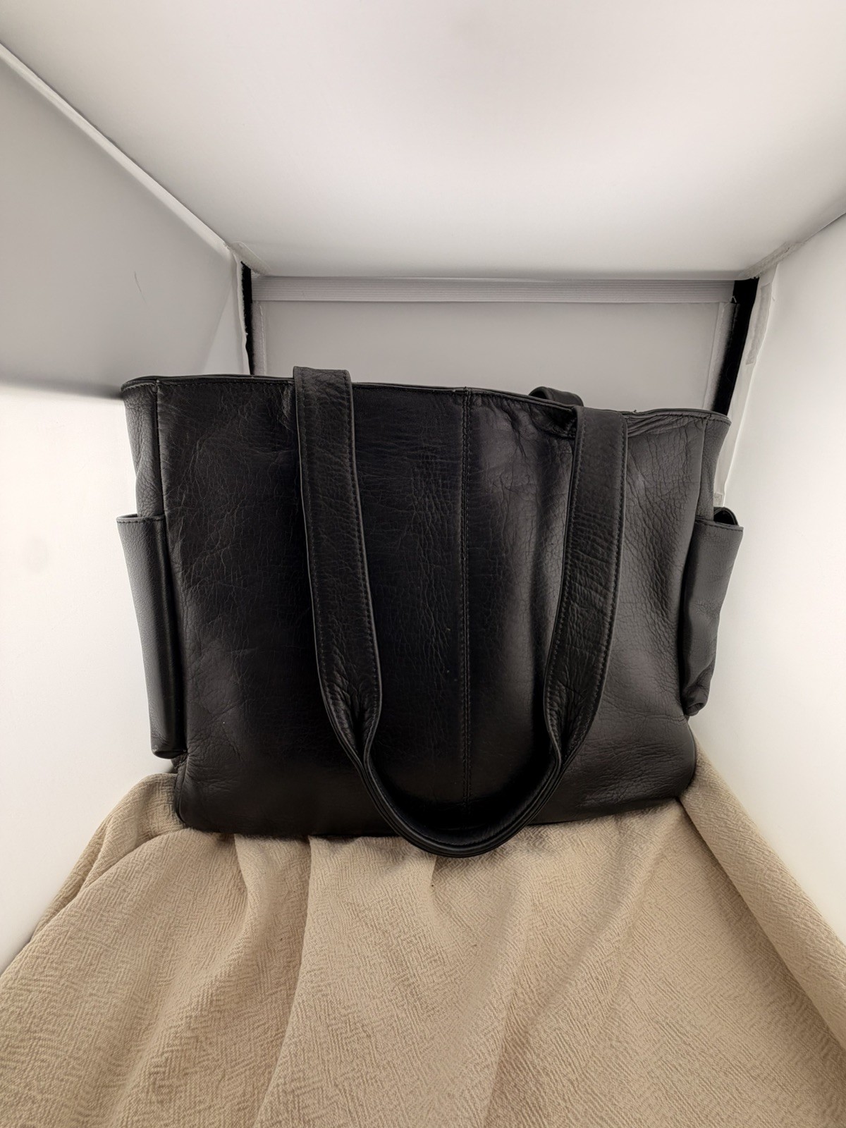 FRYE Black Leather Tote Bag Large Shopper Shoulder Purse Side Pockets
