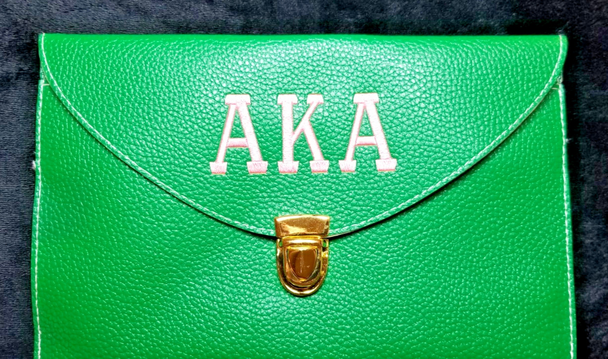 Alpha Kappa Alpha AKA Green Pebbled Faux Leather Envelope Clutch w/ Gold Chain