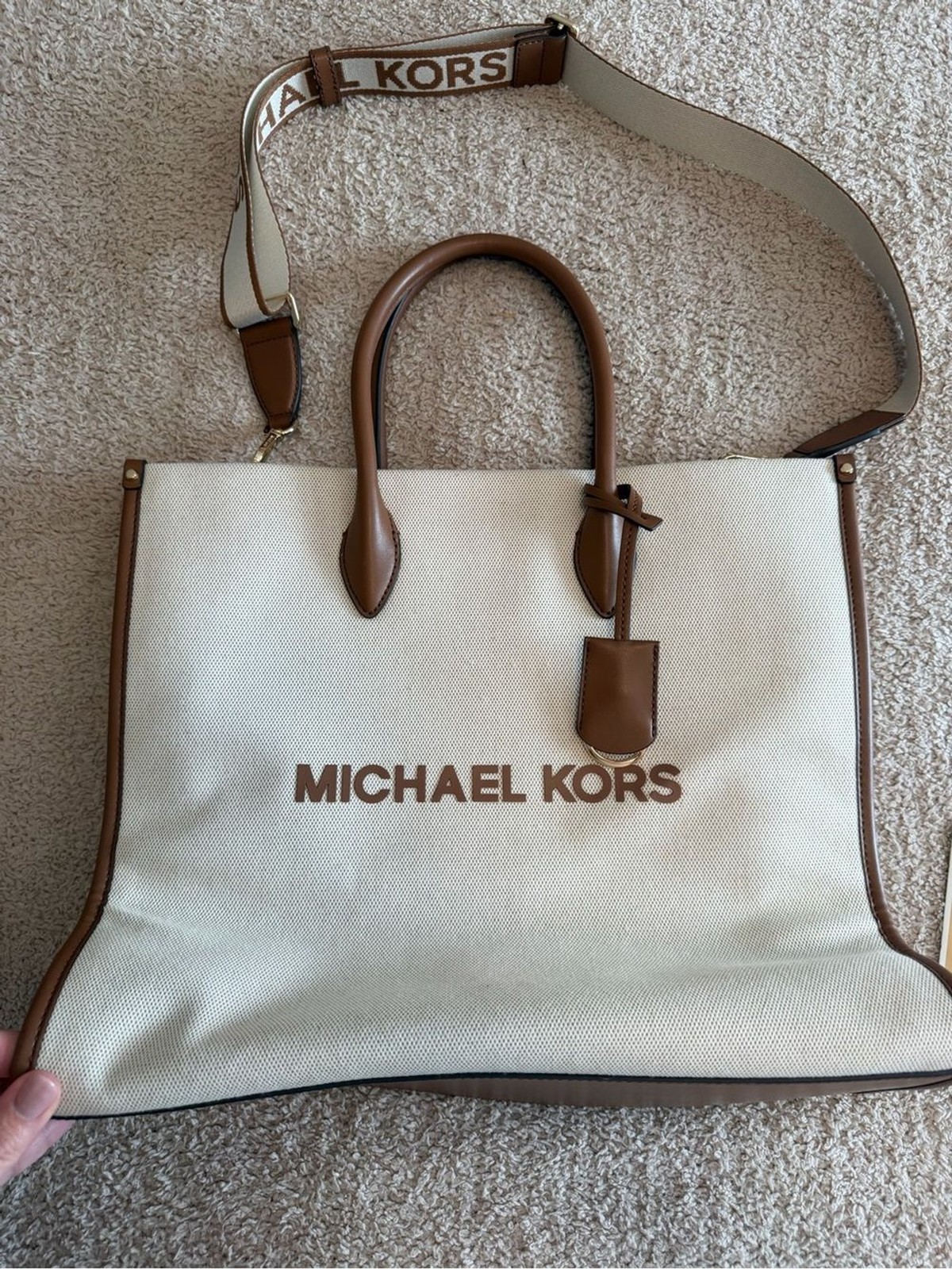 Michael Kors Mirella Canvas Medium EW Tote Bag Crossbody Luggage Brown Neutral