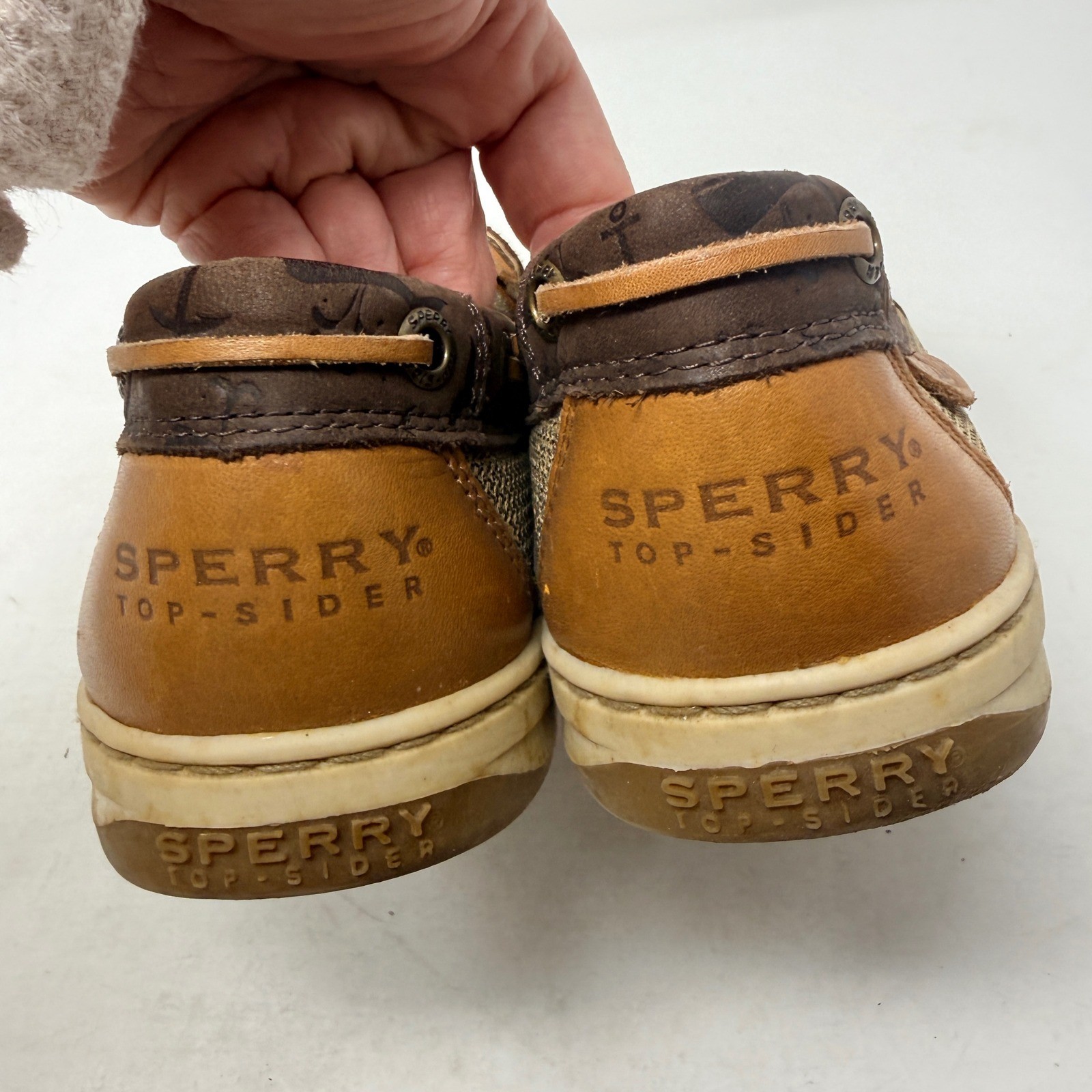 Sperry Top-Sider Brown Nautical Anchor Print Leather Mesh Boat Shoes Size 10