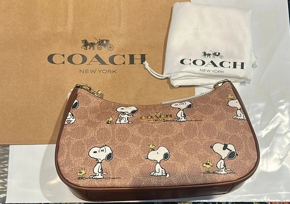 COACH x PEANUTS Teri Shoulder Bag Tan Brown Snoopy Print Signature Canvas CBJ88