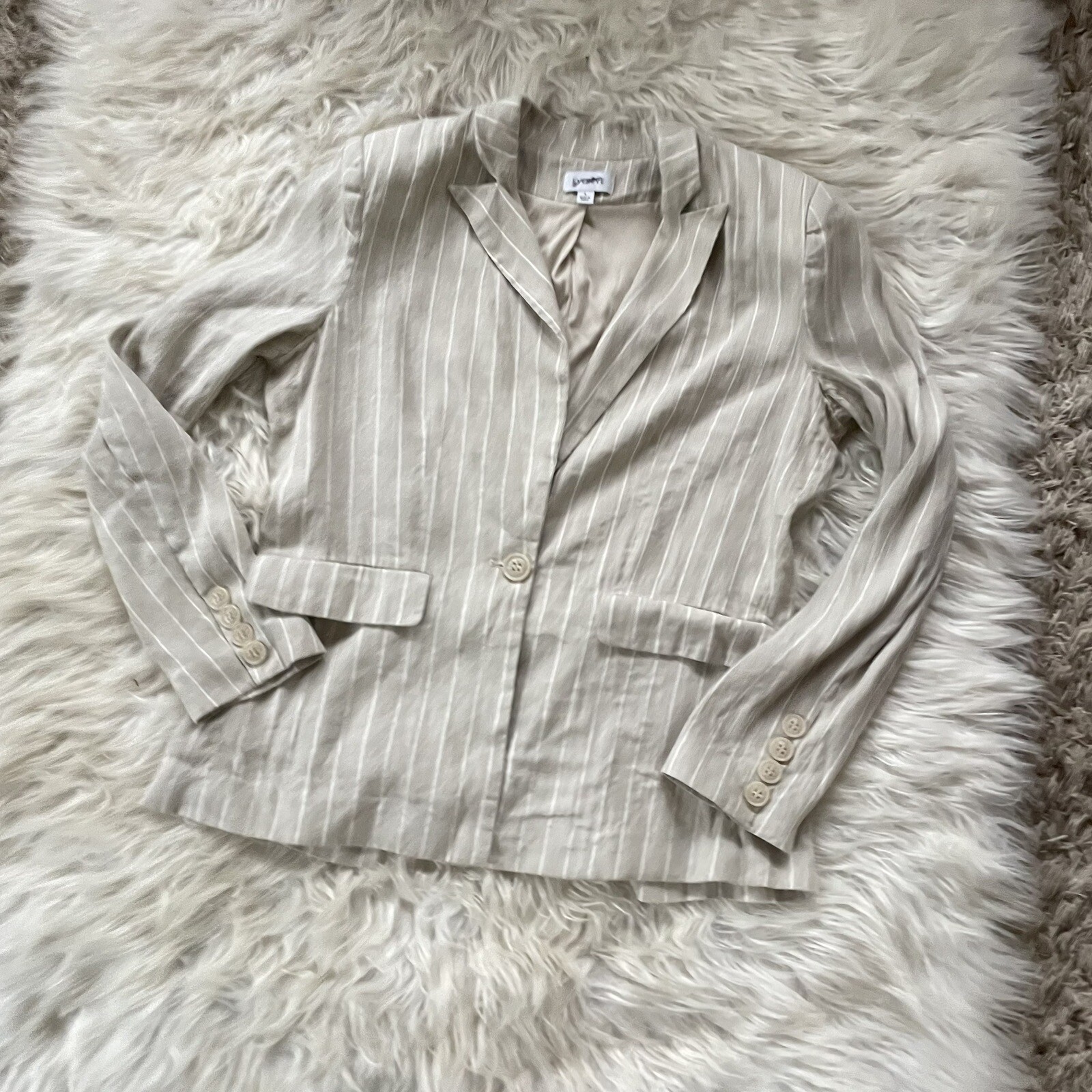 Evereve Clarkson Blazer Womens Large Linen Tan Pinstripe Office Academia Preppy