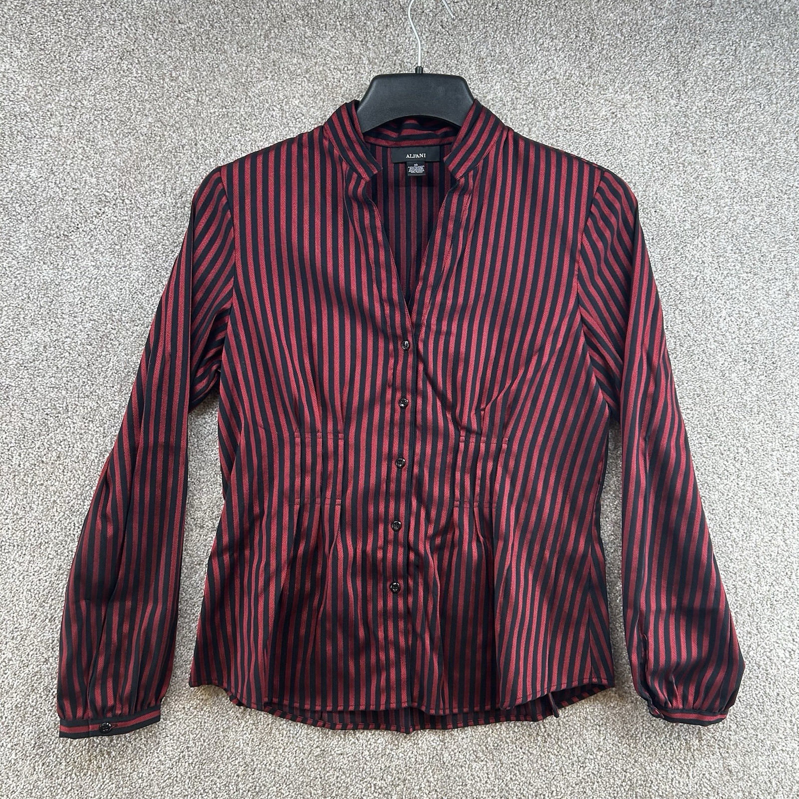 Alfani Women’s Button up Size 10 Red Black Striped Long Sleeve Blouse Top