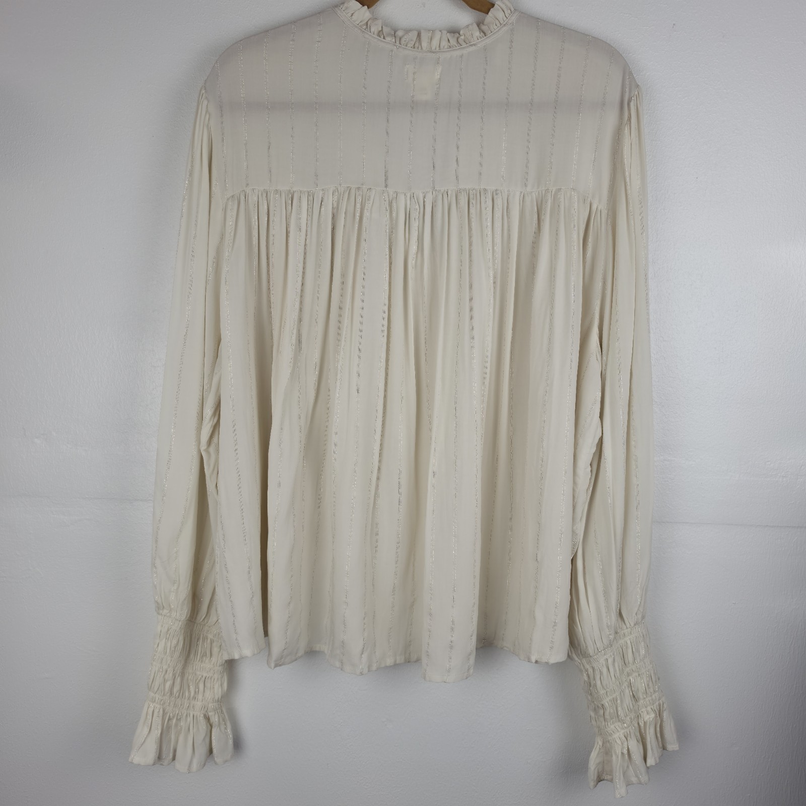 a.n.a 2X Boho Peasant Blouse Ivory Metallic Stripe Smocked Ruffle Cottagecore