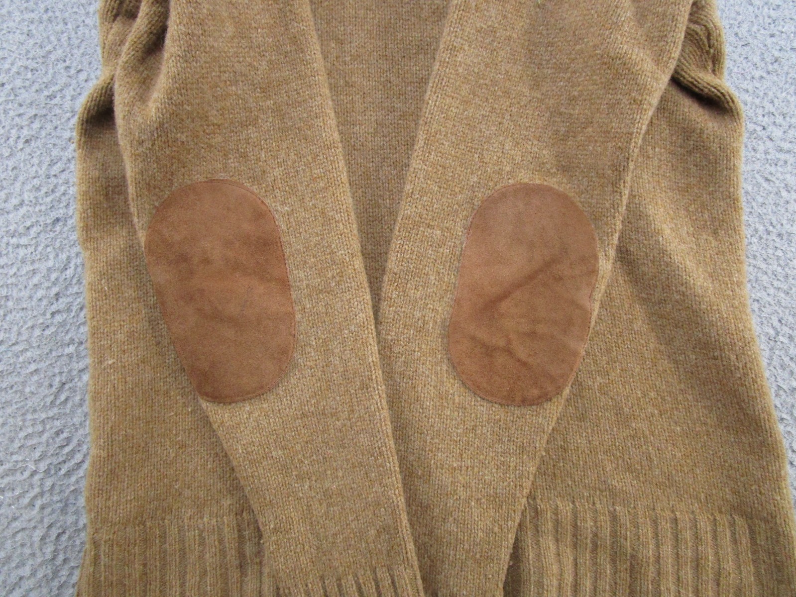 Rugby Ralph Lauren Beige Wool Shawl Collar Sweater Elbow Patches Mens L READ