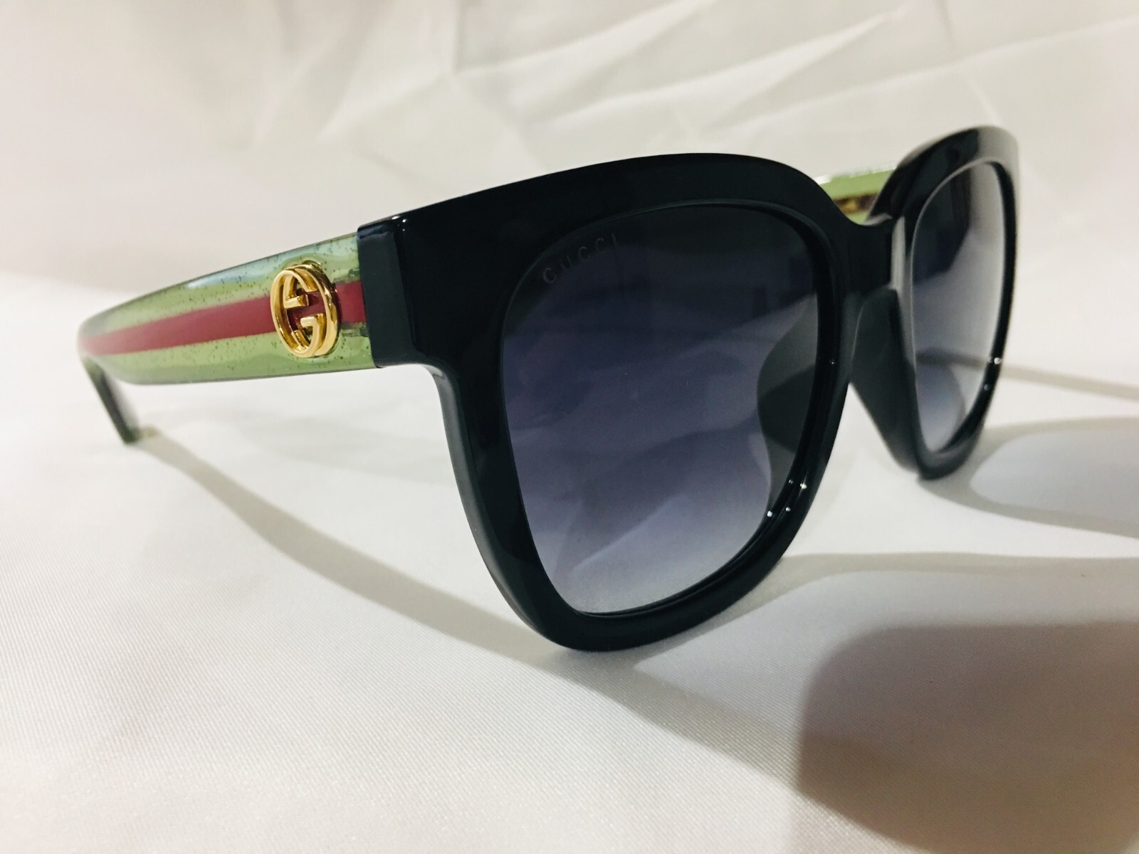 Authentic New Gucci GG0034SN 002 Black Green Red Stripe Grey Sunglasses