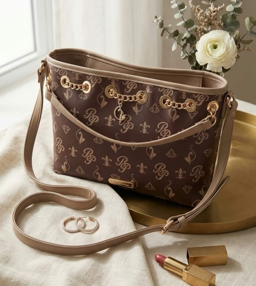 Baby Phat Brown Logo Shoulder Bag, Chain Accents, Magnetic, Pink Lining